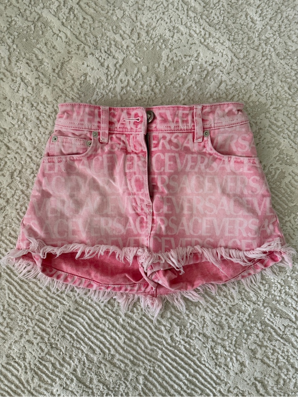 Versace Pink Logo-Print Frayed Hem Denim Shorts